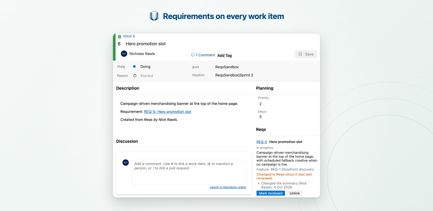 A work item's Reqs group flagging a requirement that changed in Reqs