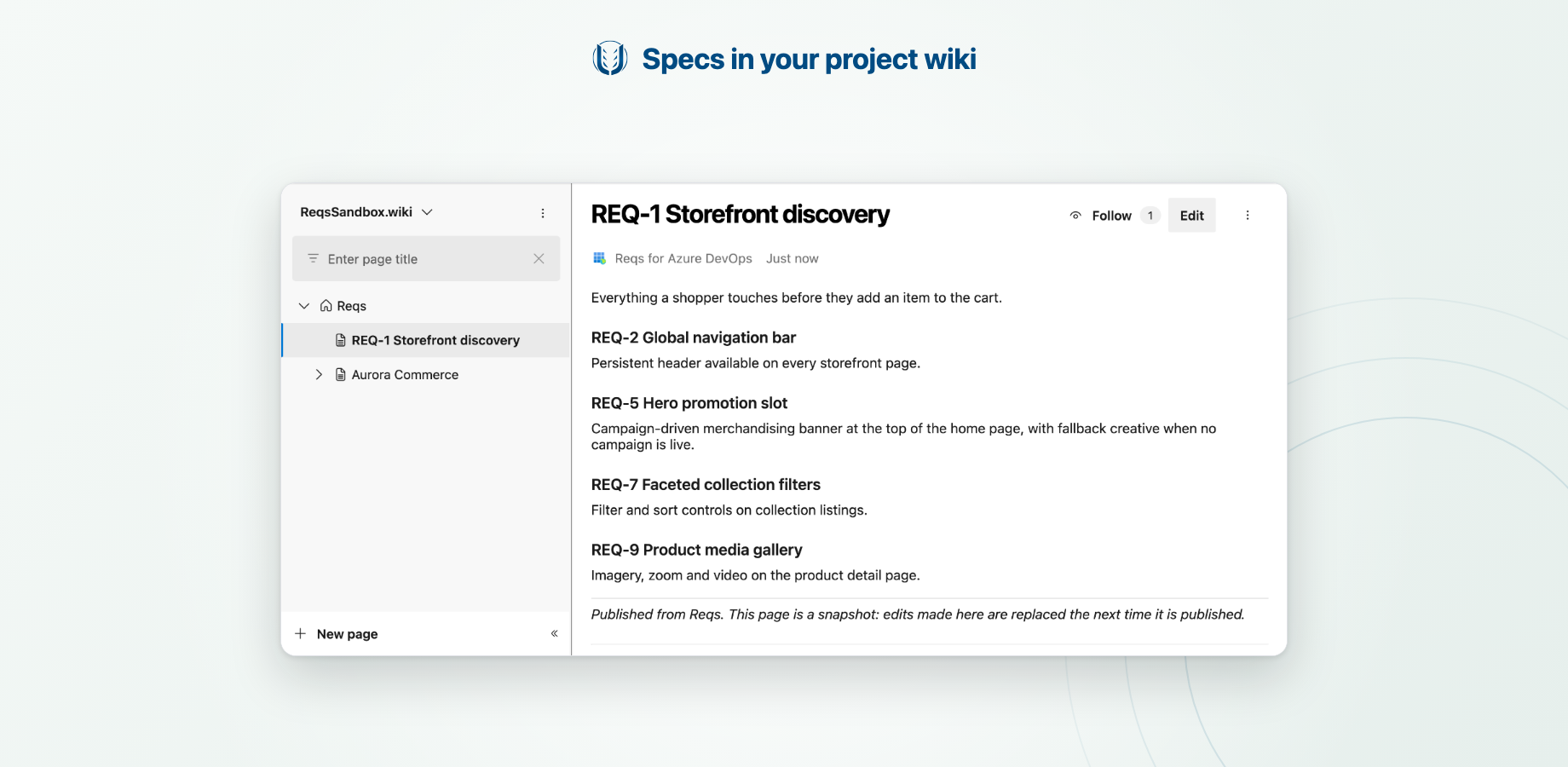 A spec page Reqs published to the project wiki